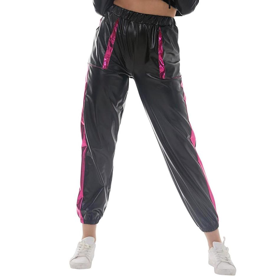 Women’s Shiny Holographic Stretchy Metallic Jogger Pants High Waist Sweatpant Hip Hop Club Rave Pants