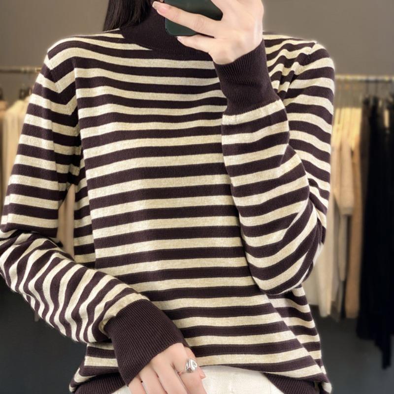 YYFS Women's Fashion Casual Stripe Print Autumn Winter Long Sleeve Half Turtleneck Sweaters