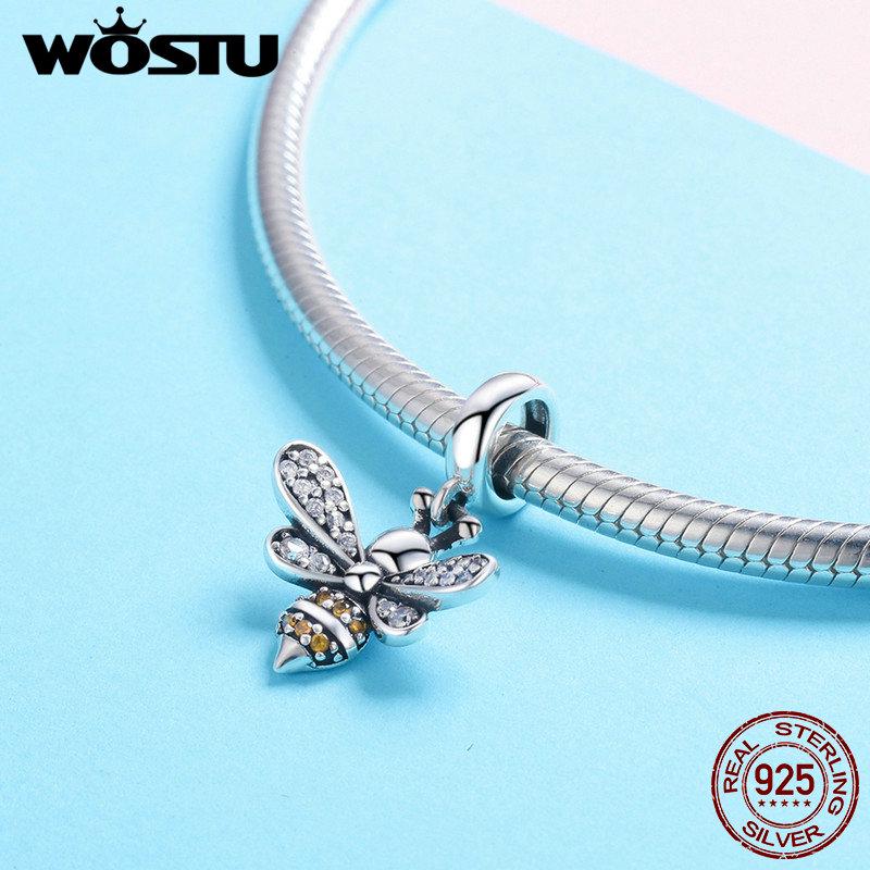 WOSTU 925 Silver Sell Bee Crystal CZ Chain Bead Charms Fit Bracelet Necklace Fashion Jewelry Party Gift CQC821