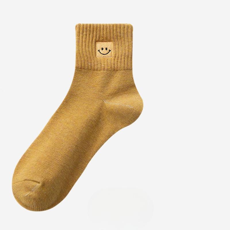 Female Spring and Summer Simple Embroidery Smiling Face All Build In The Tube Cotton Socks