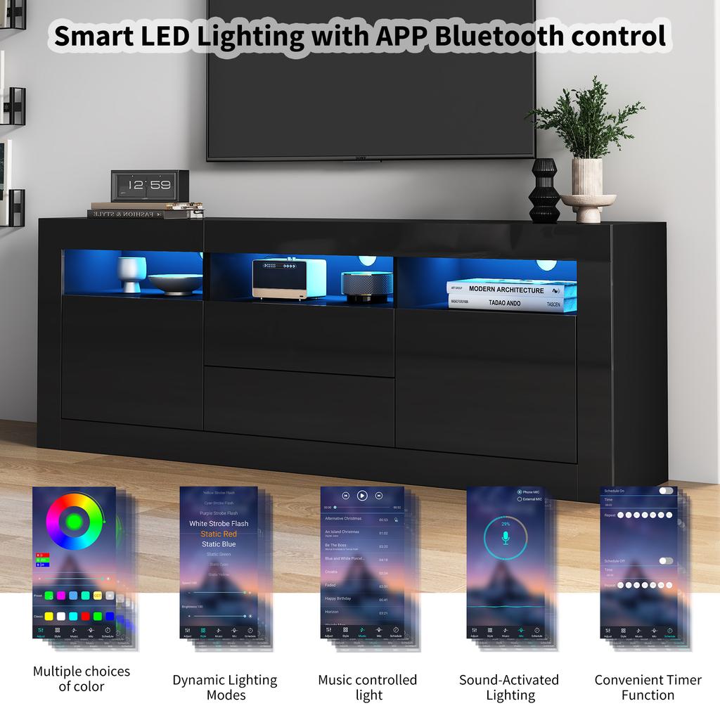 Mobile TV Alto Lucido 160*35*60cm con Illuminazione LED, 3 Scomparti Aperti, 2 Ante, 2 Cassetti, Controllo App Smart, per TV da 70 Pollici, Supporto TV Alto Lucido