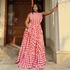 European and American women's clothing spring new fashion fresh plaid slim high waist sleeveless long dress dress
