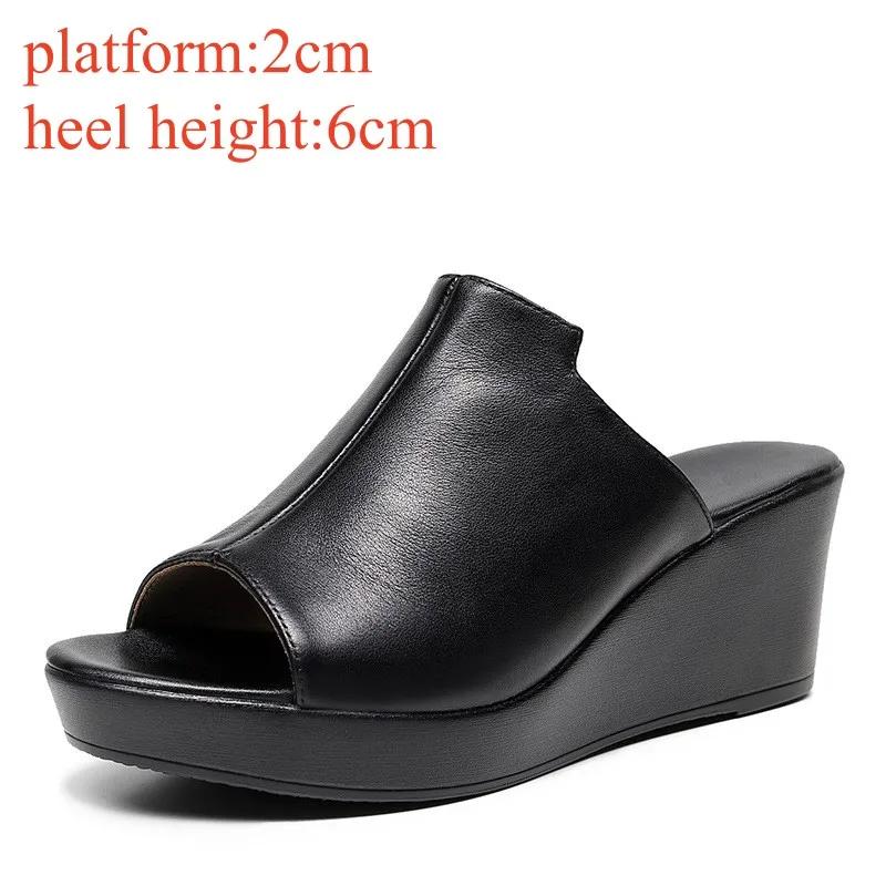 

Маленький размер 33-43 Удобные шлепанцы на толстой подошве из натуральной кожи, туфли на платформе, женские, лето 2025, на высоком каблуке, слайды, для офиса, для мамы 33
