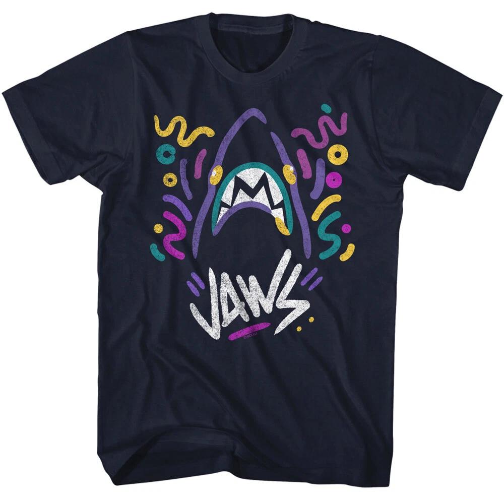 Jaws 70 s Thriller Movie Colorful Party Doodle Shark & Jaws Logo Men s T Shirt 4XL