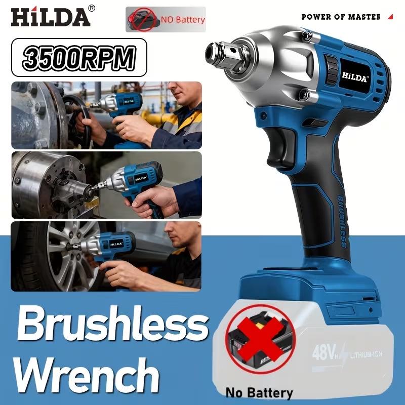 HILDA 18V Brushless Impact Wrench with LED Light - High Torque Multifunctional Auto Repair Tool.