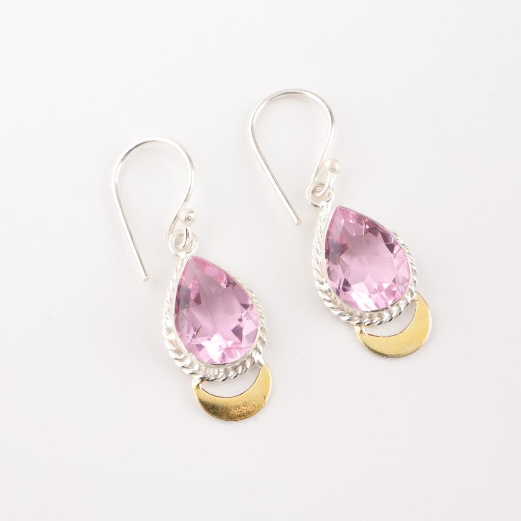 Morganite Gemstone 925 Sterling Silver Jewelry Handmade Two Tone Earrings 1.5" EE-162-11