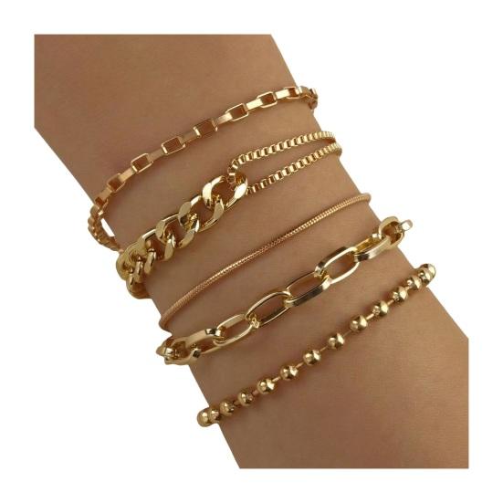 4 Pcs/Set Women Bracelet Hip Hop Style Snake Bone Chain Hollow Chain Round Pendant Adjustable Golden Color Polished 4 Pieces Set Wrist Jewelry Set