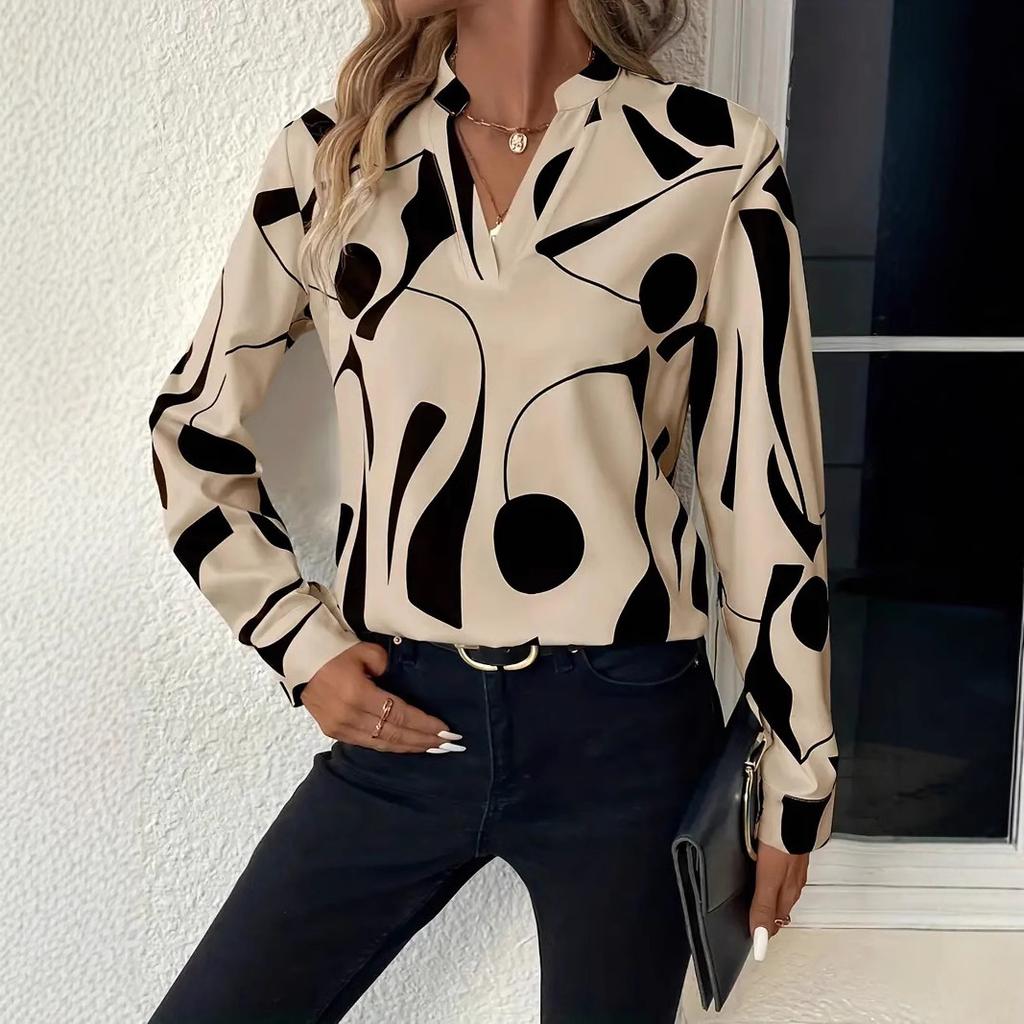 Women's V Neck Long Sleeve Loose Fit Blouse Abstract Pattern Casual Shirt