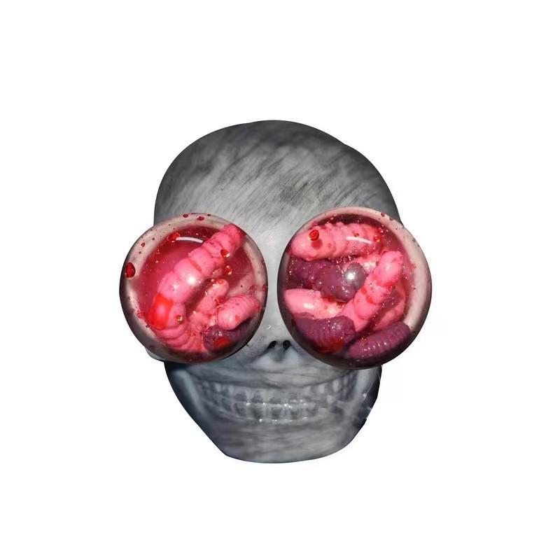 1/2Pcs Squeeze Skulls With Blood And Maggots Halloween Prank Toys Halloween Stress Balls Squeeze Skull Fidget Decompression Toy