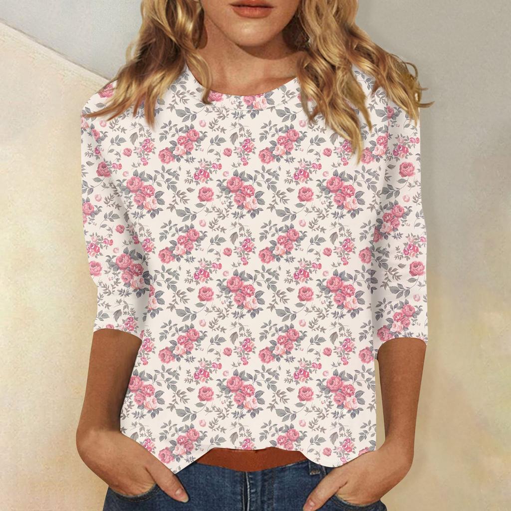 Women's Fashion Casual Three-quarter Sleeve Vintage Floral Print Round Neck Top