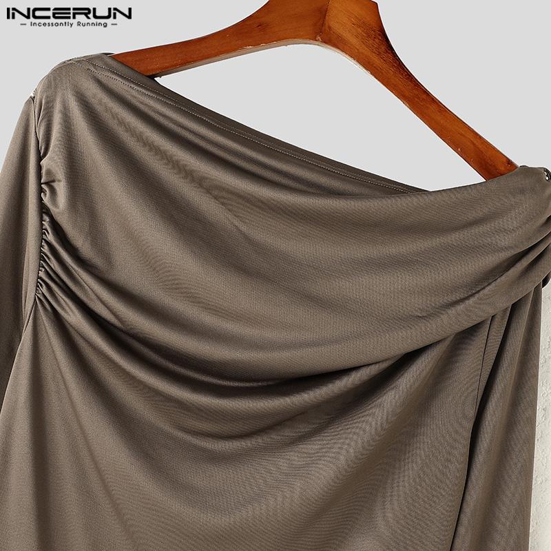 INCERUN Men Off Shoulder Long Sleeve Ruffled Irregular Long Fitted Tops