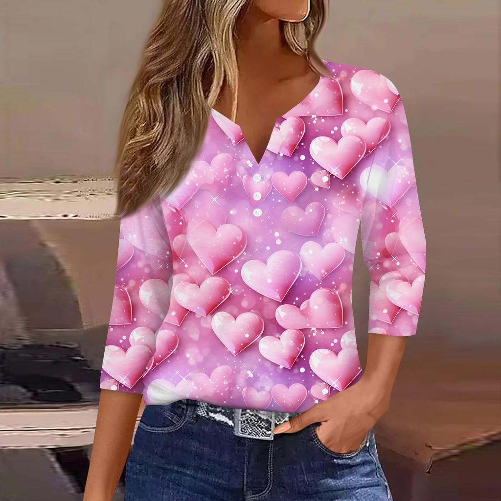 Women's Valentine's Day Printed V-Neck Casual Versatile Three-quarter Sleeve Button Top