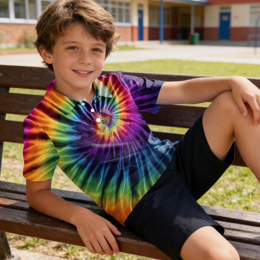 Kids Polo Shirt Short Sleeve Tie Dye Pattern Quick Dry Collared Top Lightweight Breathable Fabric Summer Casual Tee for Boys Girls