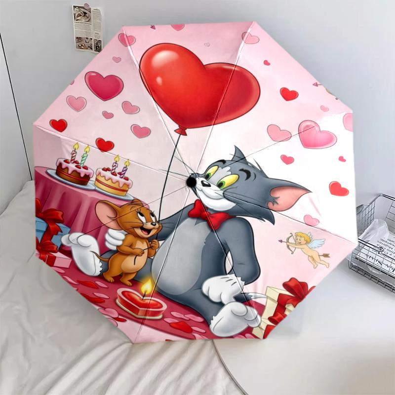 1pc Tom and Jerry pattern Umbrella Portable Folding Umbrella Iron Frame Hole Bone Structure Outdoor Home Umbrella