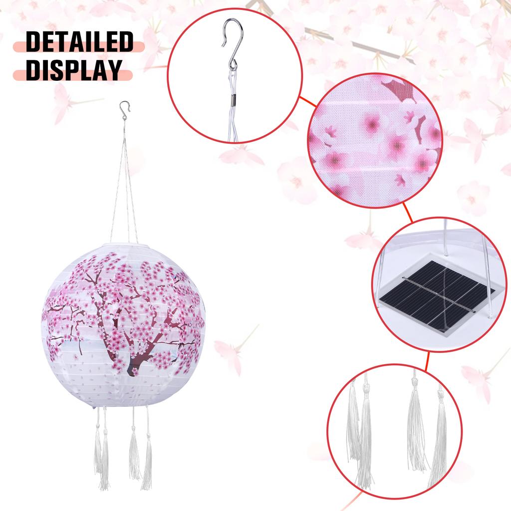 Solar Powered Cherry Blossom Lights Nylon Colth Chinese Traditional Hanging Lanterns IP65 Waterproof for Patio Garden Decor