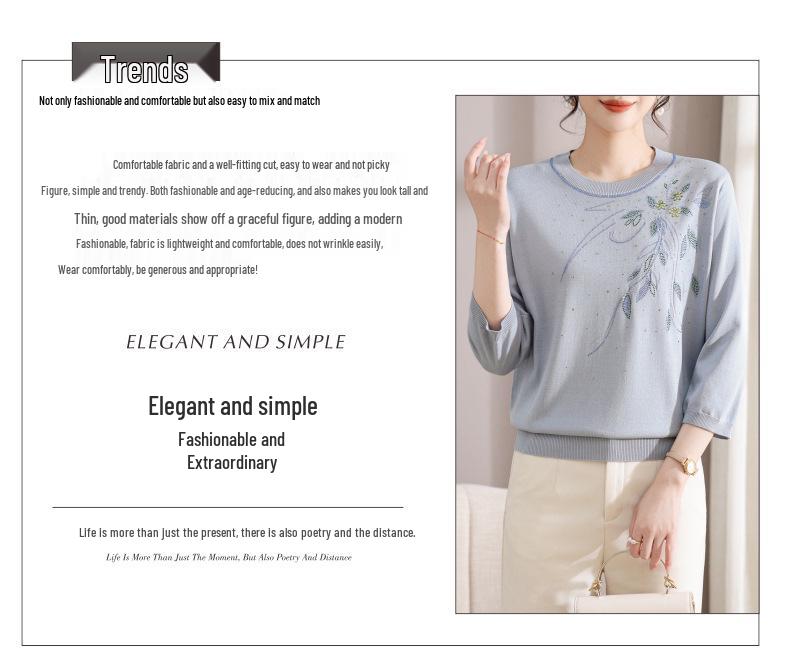 Chic Spring Gauze Sleeve Top for Middle-Aged Women - Stylish 7-Sleeve T-Shirt