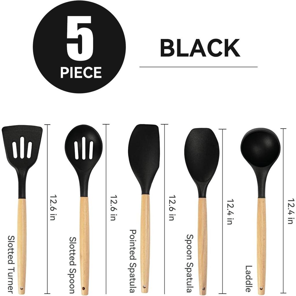 Non-Stick Silicone Cooking Utensils Set, 5 Pcs With Wooden Handle, Heat Resistant Silicone Kitchen Gadgets