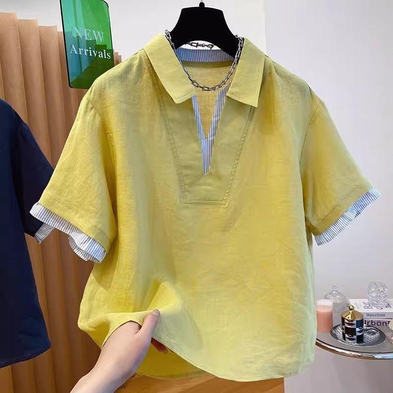 Women's Plus Size Polo Neck Short Sleeve Shirt Fake Two Piece Contrast Color Loose Slim Casual Summer Top For 80-300 Lbs