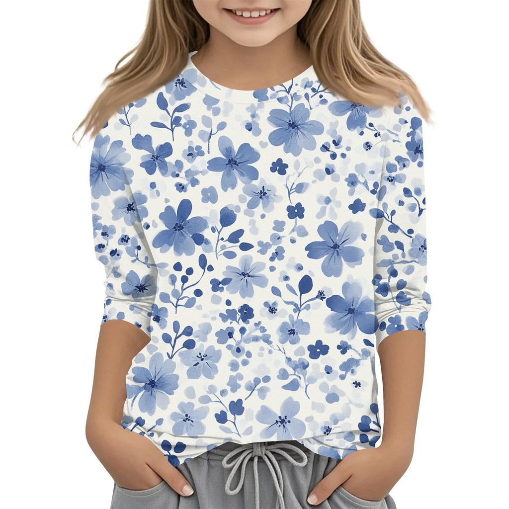 Camiseta infantil estampada com mangas 3/4 e gola redonda casual para o dia a dia