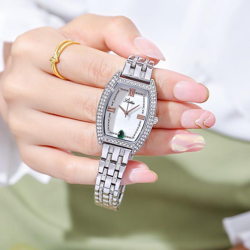 Stylish And Simple Temperament Women'S Watch Full Of Diamonds, Wine Barrel Shape Personalized Watch Women'S Green Leather Strap