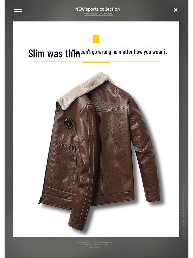 Men's Winter PU Leather Motorcycle Jacket with Lambswool Lining - Korean Style, Windproof, Thickened