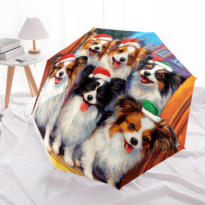 Papillon with Tongue Sticking Out  Pattern, Automatic Folding Umbrella, Portable and Foldable Design, 8 Ribs, a Christmas or Birthday Gift.