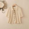 ZANZEA Women Casual Turn Down Collar Lace-up Loose Short Sleeve Blouse