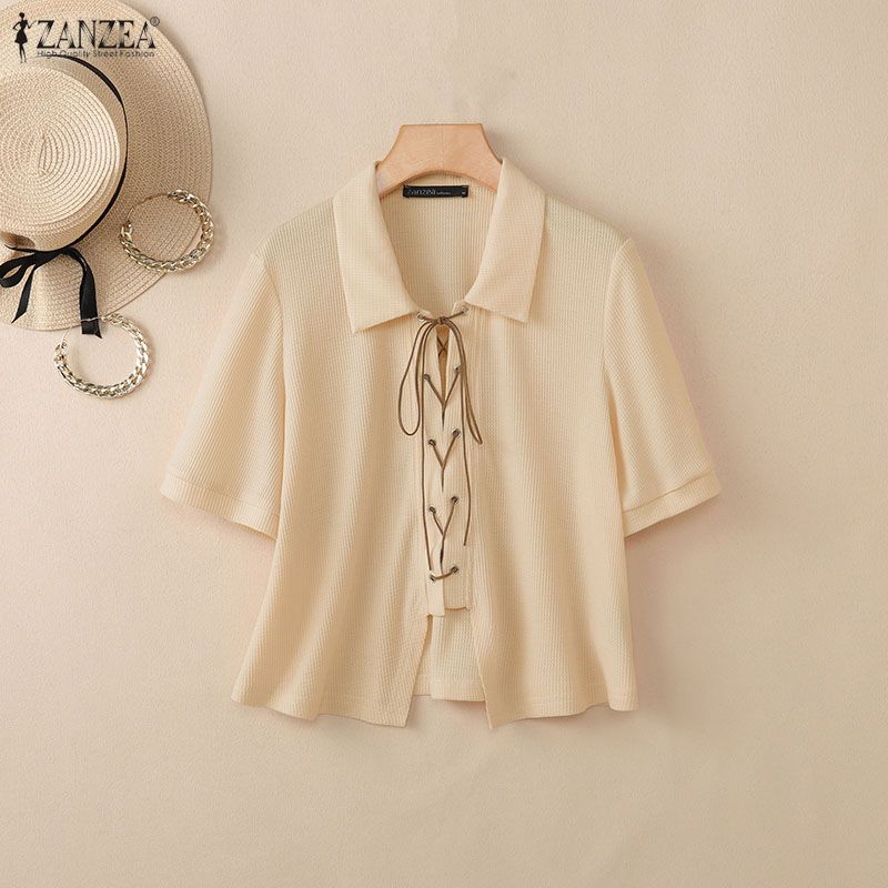 ZANZEA Women Casual Turn Down Collar Lace-up Loose Short Sleeve Blouse