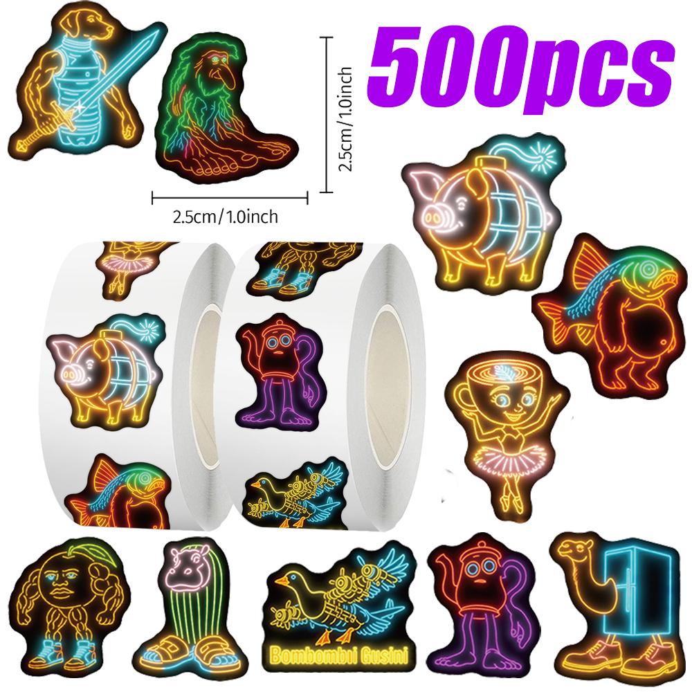 500 Stück/Rolle Neon Tung Tung Sahur Aufkleber Italienische Gehirnfäule Decals DIY Tagebuch Schreibwaren Kühlschrank Belohnung Abstraktes Siegel Etikett Aufkleber