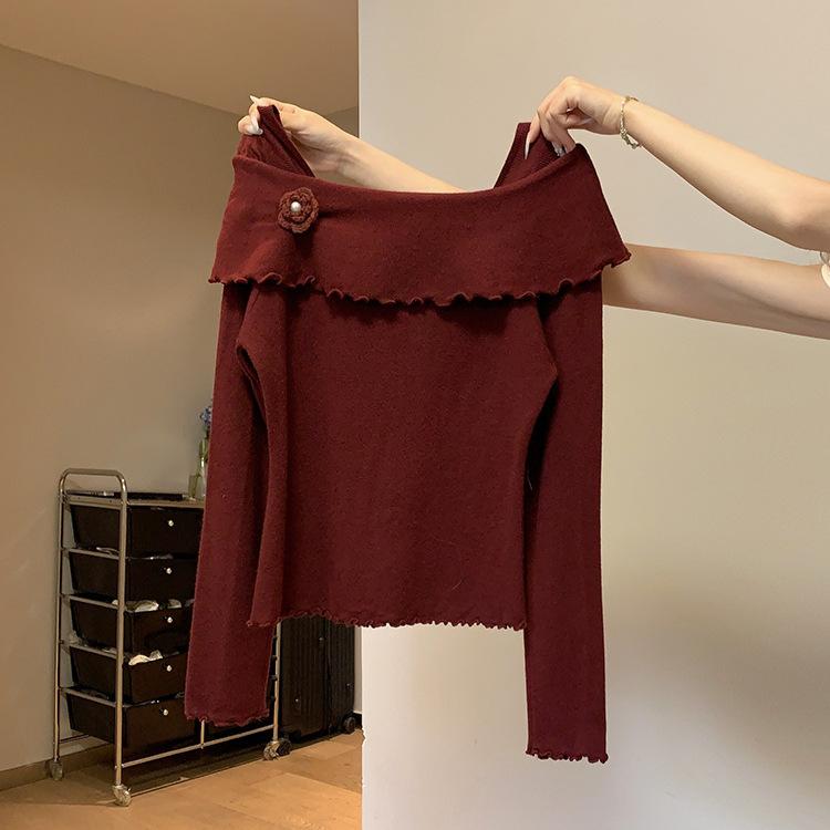 

Ankola Christmas red one-word shoulder knitted sweater women s autumn and winter new slim-fit inner bottoming shirt One Size червоний