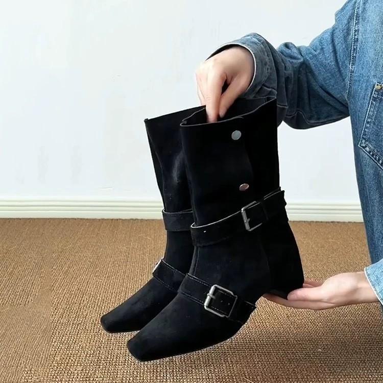 Cowhide Version~ Retro Niche Temperament Square Head Inner Height Increase Belt Buckle Western Cowboy Boots Women Fold Two Wear Short Boots