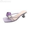 Flower Women High Heels Slippers Pearl Party Sandals Sexy Heeled Shoes 2025 New Elegant Summer Slingback Woman Square Toe Pumps