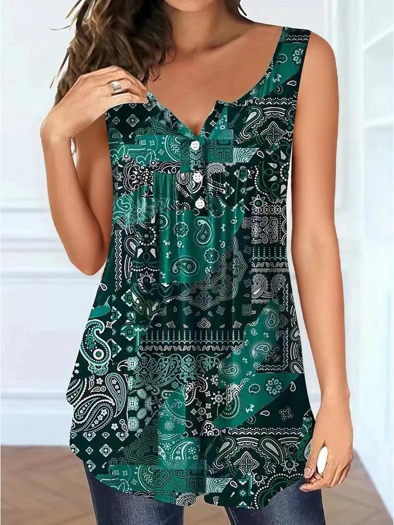 Plus Size Spring/Summer Paisley V-Neck Button-Down Loose Top for Women