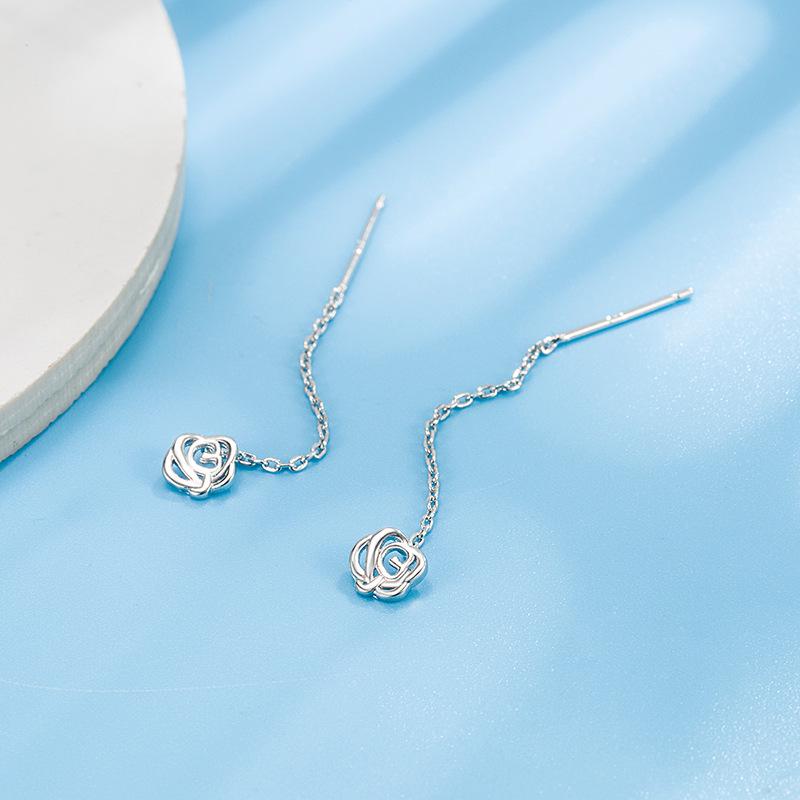 Rose Flower Ear Thread Earrings: Slimming Style for Autumn & Winter 2022 - Trendy Long Earrings for Women, High-End Jewelry