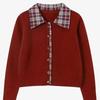 Fake Two-piece Plaid Splicing Neck Sweater Jacket Spring and Autumn New Gray College Loose Knitted Cardigan