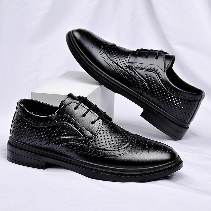 Summer new leather shoes men's high-end business casual shoes dress hollow breathable men's leather shoes men's invisible height increase