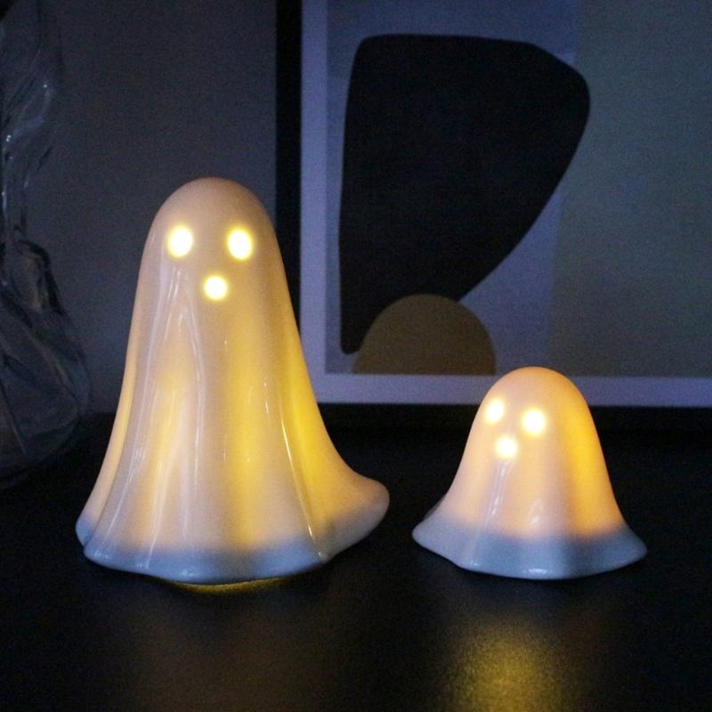 2Pcs LED Lighted Ceramics Specters Ghostly Figurine Sculpture Creative Table Centerpieces Glowing Lamp Halloween Decors