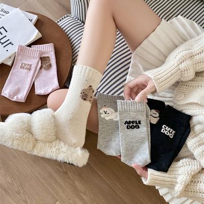 Cartoon Tier AB Buchstaben Beflockte Socken, Damen Punktgarn Frotteesocken, Reine Baumwolle Mid-calf Socken