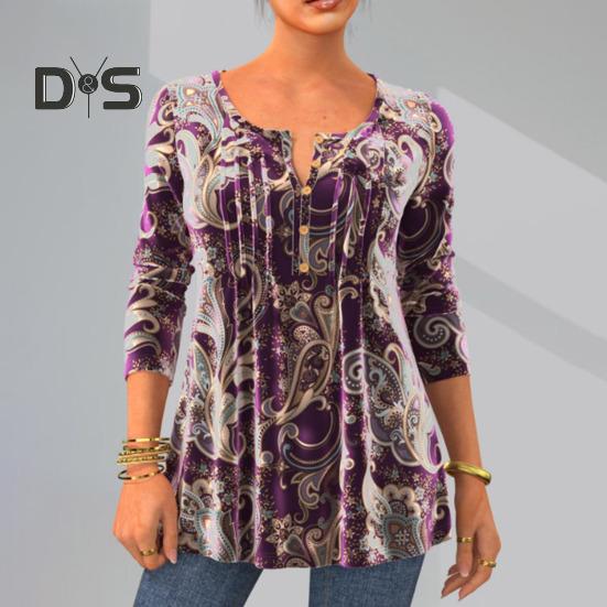 Women Fall Spring Top Vintage Print Round Neck Long Sleeve Button Mid Length A line Soft Pullover Lady Daily Blouse T shirt