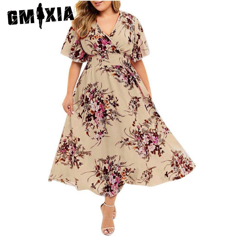 GMXIA Modă Mărimi Mari Femei Rochie Scurtă Casual cu Imprimeu Floral și Decolteu în V