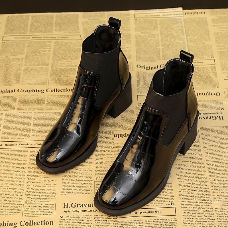 Women's  Autumn/Winter British Lacquer Leather Mid Heel Boots Round Toe High Heels Shiny Leather Women's Boots