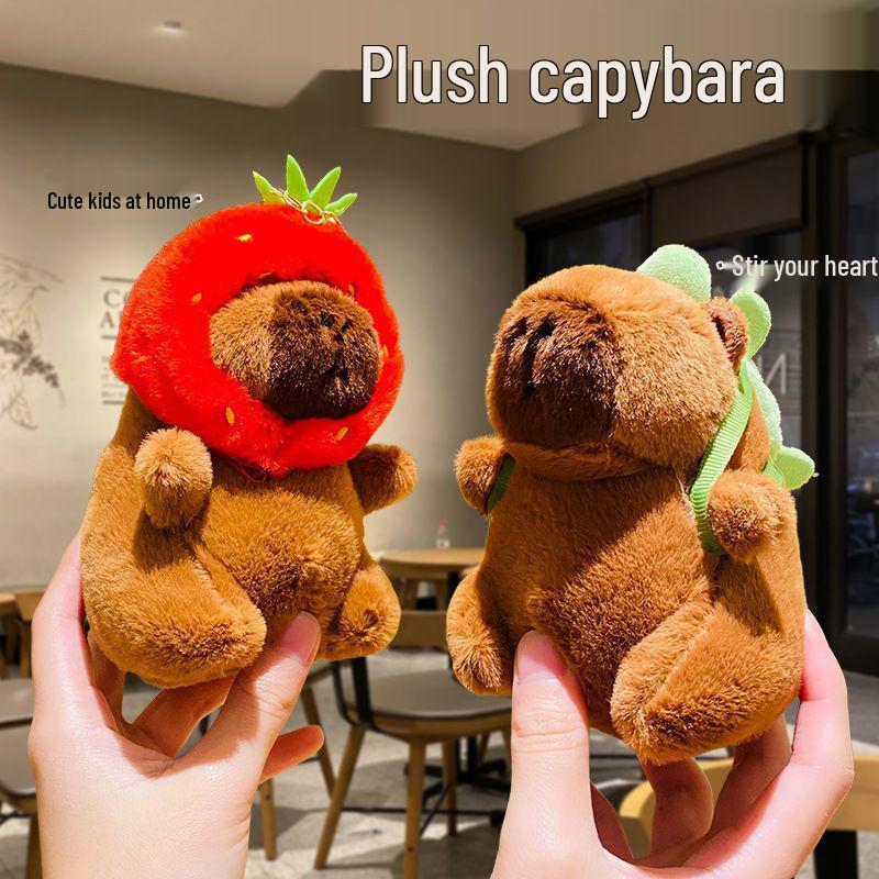 Adorable Capybara Plush Pendant with Floral Quilted Military Coat Keychain