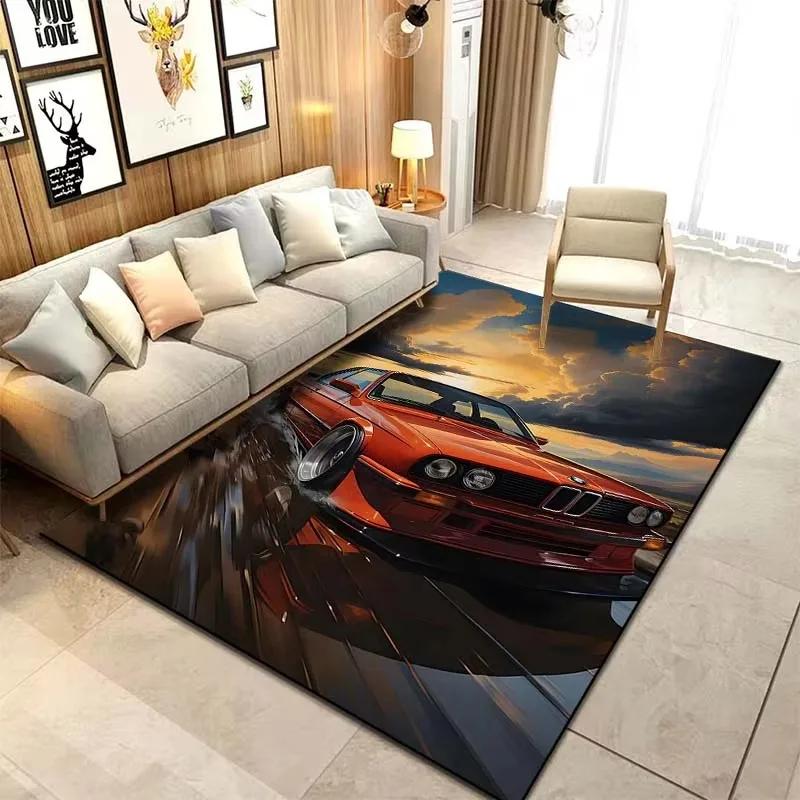 Classic Car Design Area Rug Vintage Style Carpet for Living Room and Bedroom Non-Slip Creative Floor Mat Home Decor Washable