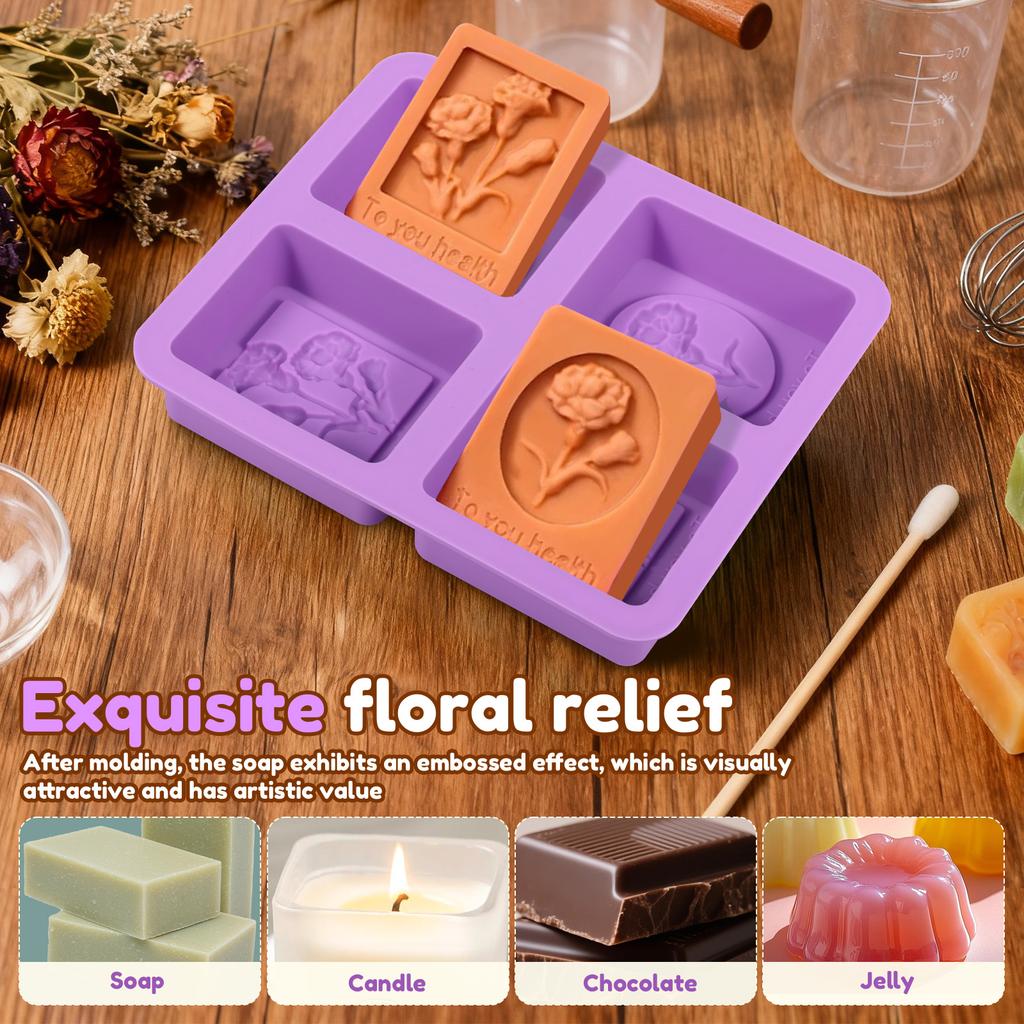 2Pcs Silicone Soap Molds Flower Pattern Soap Making Mold 4 Cavity Chocolate Making Tools DIY Soaps Mold for Handmad Resin Crafts