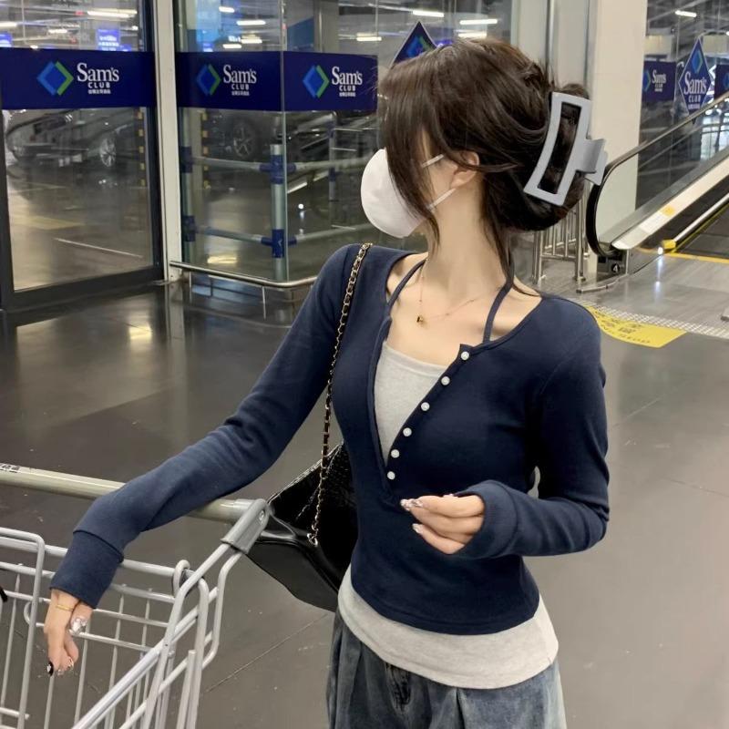 

Весна Осень Поддельный Двойной Слой Приталенная Футболка Женская Длинный Рукав Повседневная Мода Лоскутная Базовая Майка Халтер Топ XL синий