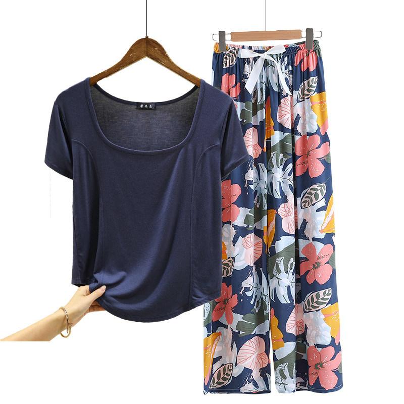 Fashion U Nek Tshirt and Floral Wide leg pants Summer fashion homewear 2pcs suit Loose Casual pajamas set comfort loungewear plus size