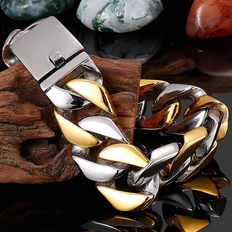 Polished Stainless Steel Hand Accessories 20MM Wide Iron Cuban Chain Men's Wrist Bracelet Luxury Never Fade Gold Color Men‘s Jewellery Boy