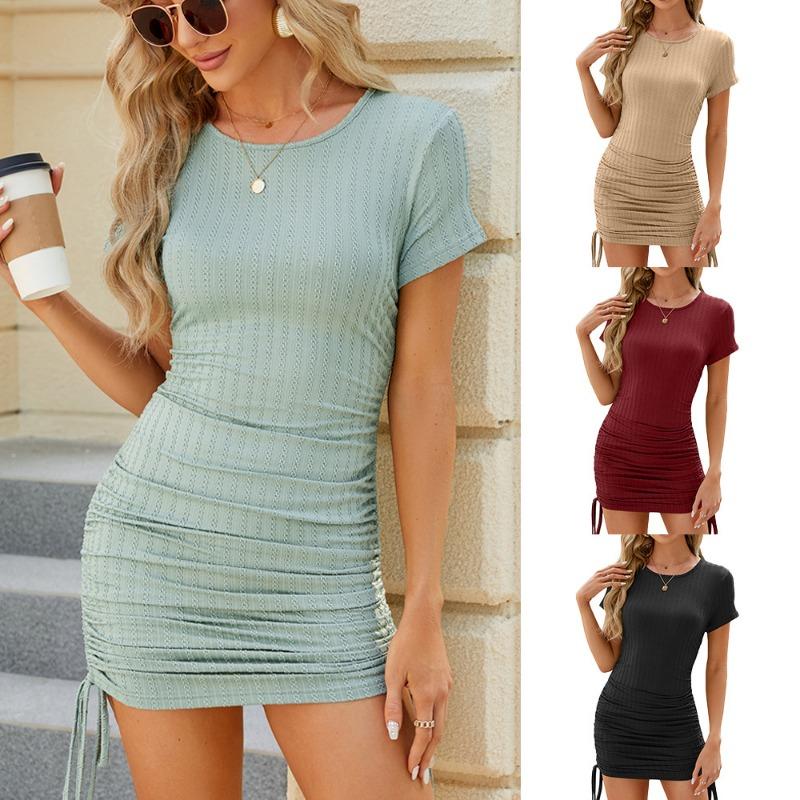 Women's Summer Short-sleeved Side Drawstring Slim-fit Wrap Hip Dress