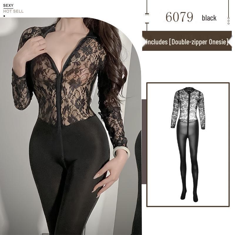 Yi Jin Women's Lace See-Through Bodycon Lingerie with Double-Headed Zipper and Open Crotch
