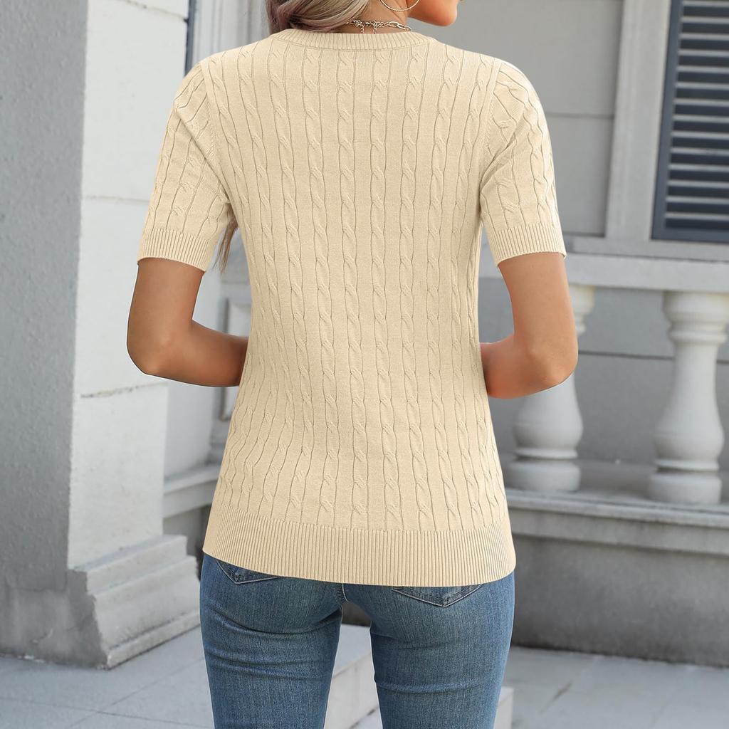 Women Short Sleeve Cable Knit Pullover Crew Neck Ribbed Hem Fitted Soft Stretchy Lightweight Sweater Top